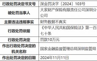 大家财险深圳分公司因财务数据不真实被罚10万元